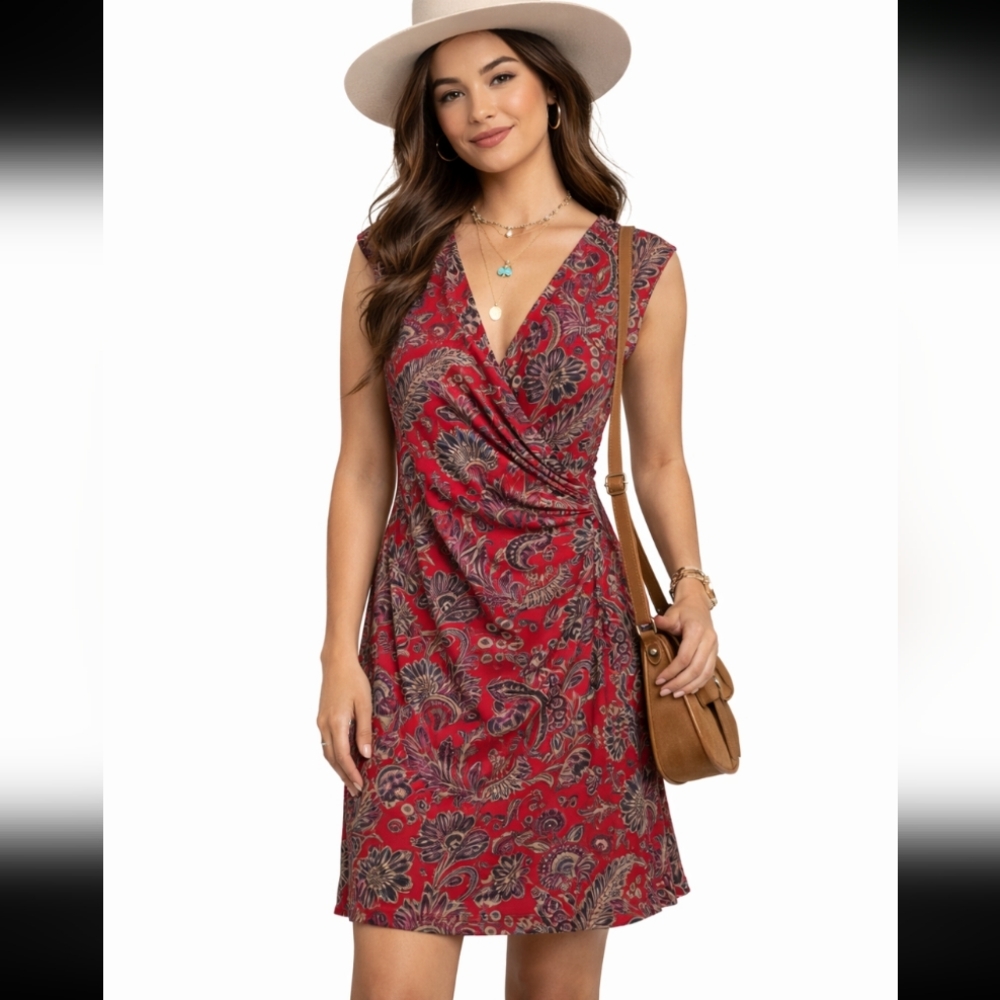 338-Ralph Lauren Floral Red‎ Faux Wrap Dress